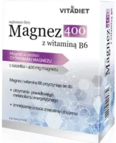 Vitadiet Magnez 400 z witaminą B6, 14 saszetek - Magnez w postaci cytrynianu magnezu - 1