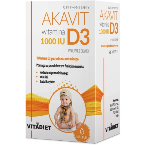 Vitadiet Akavit Witamina D3 1000 IU, krople 29,4 ml - Z naturalną witaminą D z lanoliny  - 2