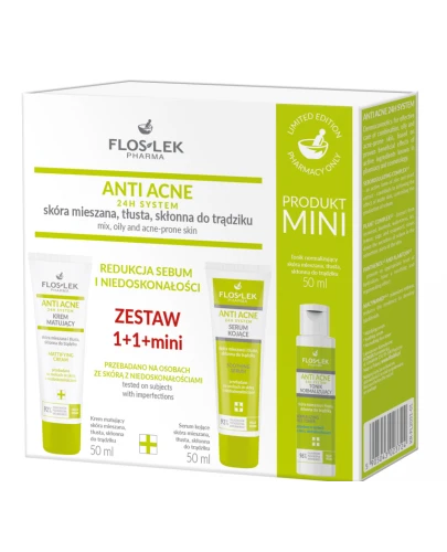 Floslek Anti Acne 24h System, krem matujący, 50 ml + serum kojące, 50 ml + tonik 50 ml - Kosmetyki do skóry mieszanej, tłustej i skłonnej do trądziku - 1
