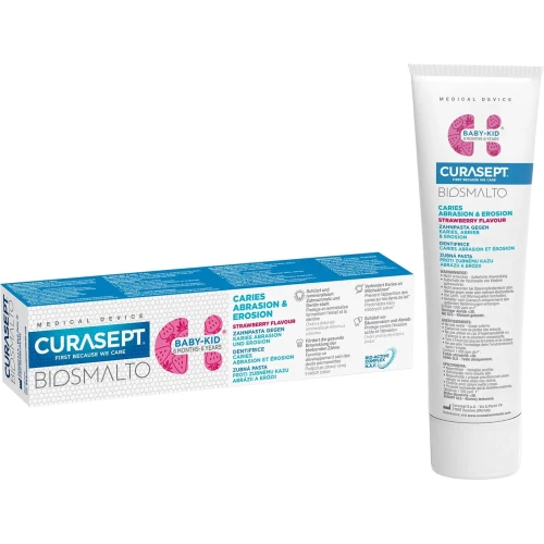 Curasept Biosmalto Baby-Kid, smak truskawkowy, pasta do zębów z fluorem dla dzieci 6. miesięcy – 6 lat, 50 ml - Remineralizuje szkliwo zębów mlecznych - 3