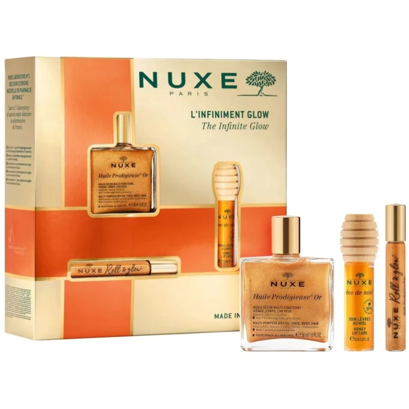 Nuxe L'infiniment Glow, suchy olejek, 50 ml + miodowy olejek do ust 10 ml + suchy olejek, roll-on 8 ml - Produkty do pielęgnacji skóry, ust i włosów - 1
