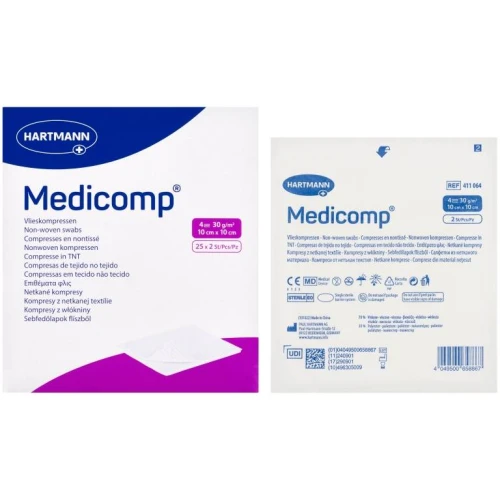 Medicomp Kompresy jałowe z włókniny 10 x 10 cm, 50 sztuk - Kompresy chłonne 4-warstwowe - 1