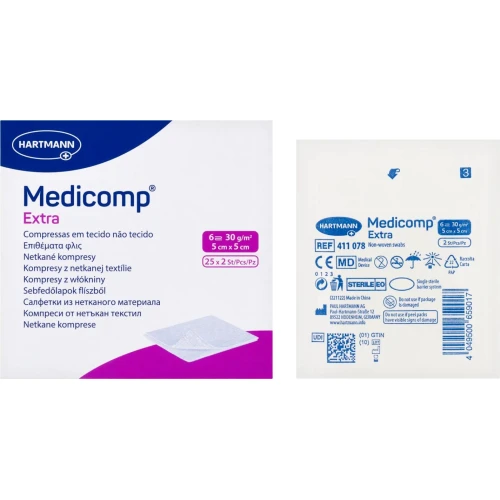 Medicomp Extra Kompresy jałowe włókninowe 5 x 5 cm, 50 sztuk - Kompresy chłonne 6-warstwowe do przemywania ran i urazów, oczyszczania skóry - 1