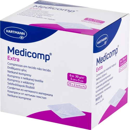 Medicomp Extra Kompresy jałowe włókninowe 5 x 5 cm, 50 sztuk - Kompresy chłonne 6-warstwowe do przemywania ran i urazów, oczyszczania skóry - 2