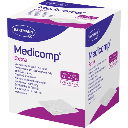 Medicomp Extra Kompresy jałowe włókninowe 7,5 x 7,5 cm, 50 sztuk - Do opatrywania i przemywania ran  - 1