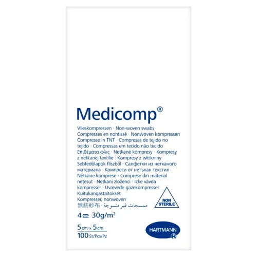 Medicomp Kompresy niejałowe włókninowe 5 x 5 cm, 100 sztuk - Kompresy chłonne 4-warstwowe - 1
