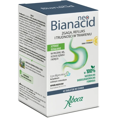 Aboca Neobianacid smak cytrynowy, 45 tabletek do ssania - Chroni błonę śluzową żołądka, naturalny preparat na zgagę - 1