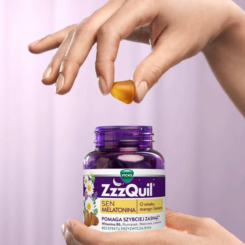 ZzzQuil Natura żelki o smaku mango i banana, 30 sztuk - Melatonina z witaminą B6 i wyciągami roślinnymi - 7