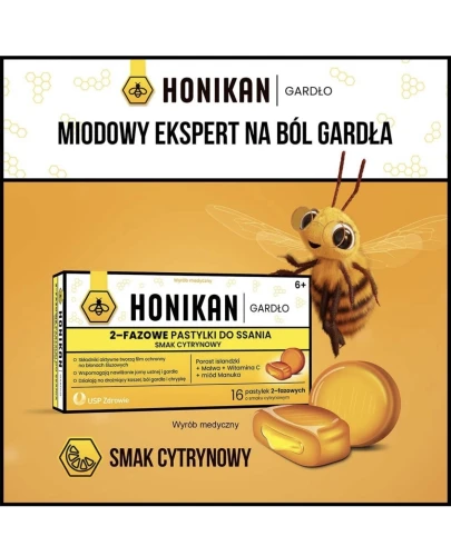 Honikan Gardło 2-fazowe pastylki do ssania smak cytrynowy, 16 sztuk - Wspomagają naturalne nawilżanie błony śluzowej jamy ustnej i gardła - 1