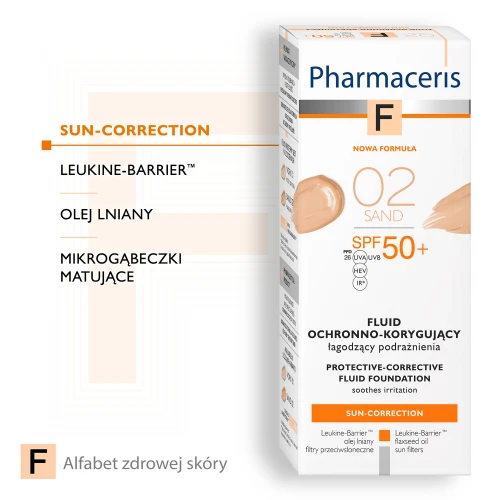 Pharmaceris F Sun-Correction SPF 50+, Sand 02, 30 ml - Fluid ochronno-korygujący - Najwyższa ochrona - 1