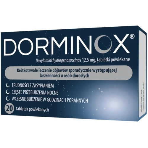 Dorminox 12,5 mg, 20 tabletek powlekanych - Z doksylaminą o działaniu nasennym i uspokajającym - 1