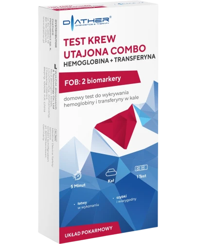 Diather Test Krew utajona Combo Hemoglobina + Transferyna, 1 sztuka - Test do wykrywania hemoglobiny i transferyny w kale - 1