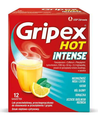 Gripex Hot Intense, 12 saszetek - Zawiera trzy substancje czynne: paracetamol, kofeinę i fenylefrynę - 1