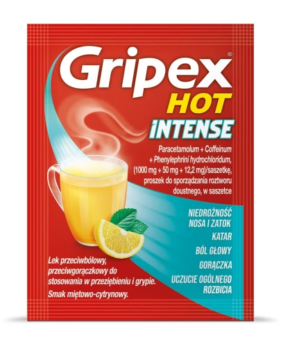 Gripex Hot Intense, 12 saszetek - Zawiera trzy substancje czynne: paracetamol, kofeinę i fenylefrynę - 2