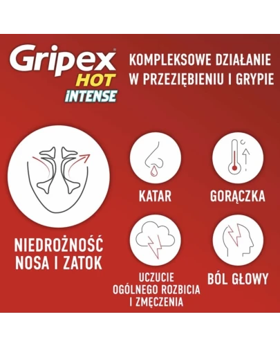 Gripex Hot Intense, 12 saszetek - Zawiera trzy substancje czynne: paracetamol, kofeinę i fenylefrynę - 3