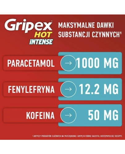 Gripex Hot Intense, 12 saszetek - Zawiera trzy substancje czynne: paracetamol, kofeinę i fenylefrynę - 5