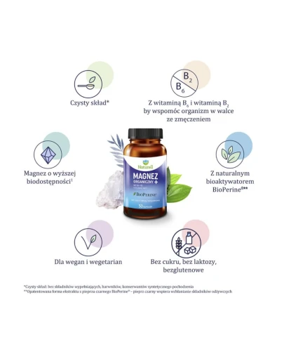 Naturell Magnez Organiczny + Witaminy B6 i B2,  50 kapsułek - Z magnezem w formie cytrynianu - 1