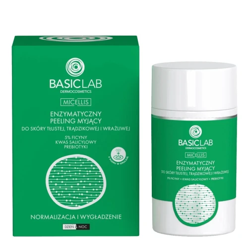BasicLab Micellis Enzymatyczny peeling myjący do twarzy, 35 g - Do cery tłustej i trądzikowej - oczyszczanie i regulacja wydzielania sebum - 1