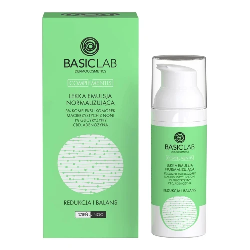 BasicLab Complementis 3% Kompleksu komórek macierzystych z noni, 1% Glicyryzyna, Adenozyna Emulsja do twarzy, 50 ml - Normalizująca emulsja do skóry trądzikowej i mieszanej – nawilża, koi i reguluje sebum - 1