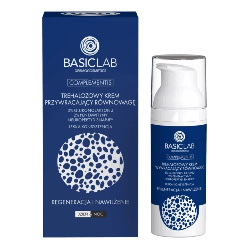 BasicLab Complementis 3% Glukonolaktonu, 2% Pentawityny, Neuropeptyd snap-8™ Trehalozowy krem do twarzy, 50 ml - Regeneracja i długotrwałe nawilżenie dla skóry normalnej, suchej i mieszanej - 1