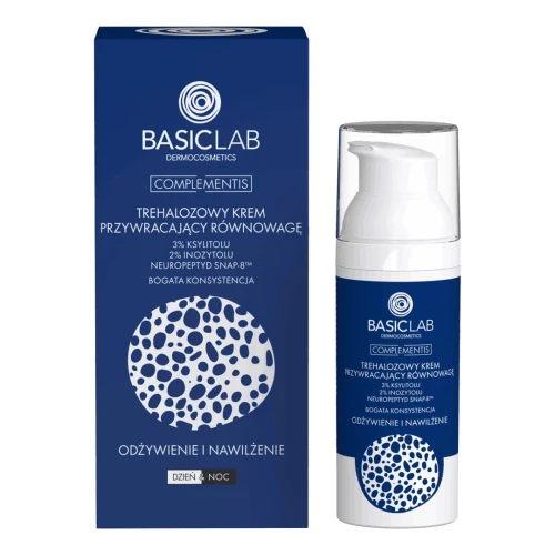 BasicLab Complementis 3% Ksylitolu, 2% Inozytolu, Neuropeptyd snap-8™ Trehalozowy krem do twarzy, 50 ml - Długotrwale nawilża i zabezpiecza skórę przed nadmierną utratą wody - 1