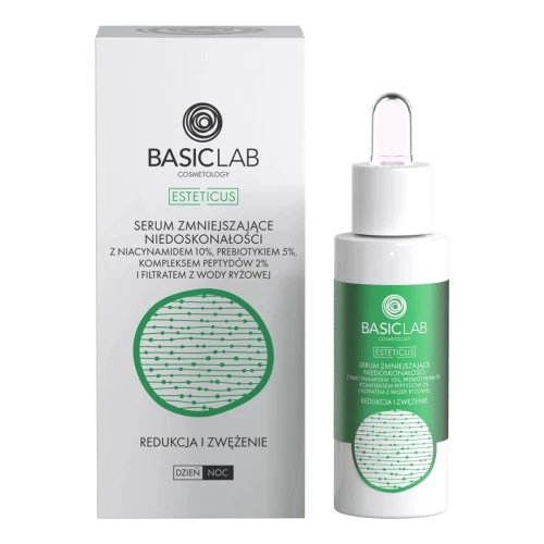 BasicLab Esteticus 10% Niacynamid, 5% Prebiotyk Serum do twarzy, 30 ml - Redukcja sebum, zwężenie porów i wsparcie mikrobiomu skóry - 1