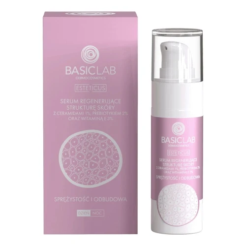 BasicLab Esteticus 1% Ceramidy, 2% Prebiotyk Serum do twarzy, 30 ml - Mleczne serum regenerujące barierę hydrolipidową z ceramidami i prebiotykiem - 1