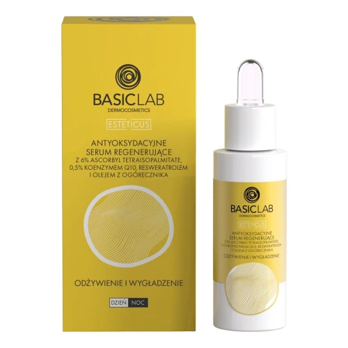 BasicLab Esteticus Antyoksydacyjne serum regenerujące do twarzy, 30 ml - Z witaminą C 6%, Q10 i resweratrolem do skóry suchej i dojrzałej - 1