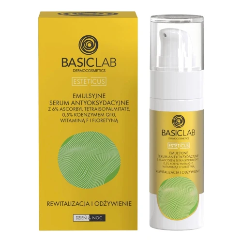 BasicLab Esteticus 6% Ascorbyl Tetraisopalmitate Emulsyjne serum do twarzy, 30 ml - Rozświetlające serum antyoksydacyjne z 6% witaminą C i Q10 do skóry wrażliwej i dojrzałej - 1