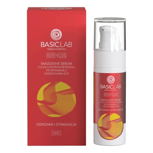 BasicLab Esteticus 0,3% Retinol, 3% witaminy C i Koenzymem Q10 Serum do twarzy, 30 ml - Serum przeciwzmarszczkowe z retinolem i witaminą C na noc – wygładzenie, rozjaśnienie, regeneracja skóry - 1