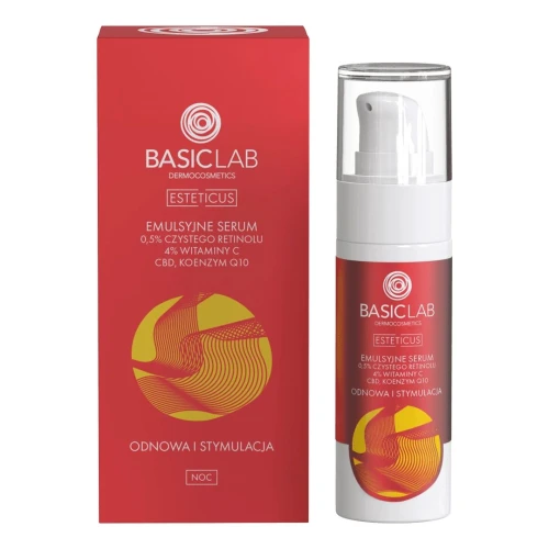 BasicLab Esteticus 0,5% Retinol, 4% witaminy C, CBD i Koenzymem Q10 Serum do twarzy, 30 ml - Silnie odmładzające serum przeciwzmarszczkowe na noc z retinolem i CBD - 1