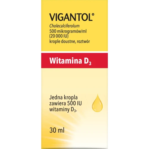 Vigantol 20 000 IU Krople doustne, roztwór, 30 ml - Jedna kropla zawiera 500 IU witaminy D3 - 1
