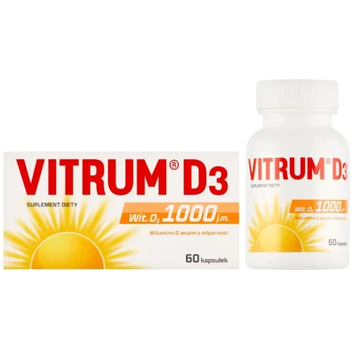 Vitrum D3 1000, 60 kapsułek - Z witaminą D3 zawieszoną w oleju z krokosza barwierskiego - 1