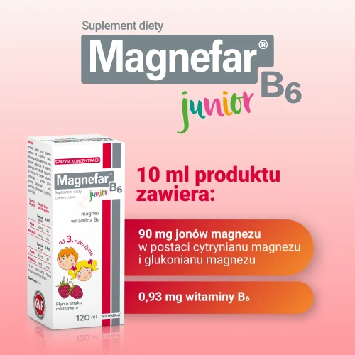 Magnefar B6 Junior, płyn 120 ml - Suplement diety w płynie o smaku malinowym z magnezem oraz witaminą B6 - 2
