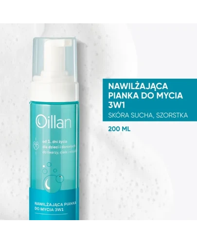 Oillan Nawilżająca pianka do mycia 3w1, 200 ml - Delikatne oczyszczenie podrażnionej i wrażliwej skóry - 1