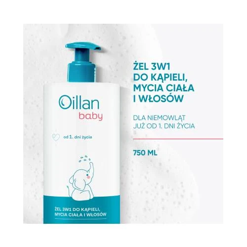 Oillan Baby Żel 3w1 do kąpieli, mycia ciała i włosów, 750 ml - Delikatnie myje i pielęgnuje wrażliwą skórę dziecka - 1