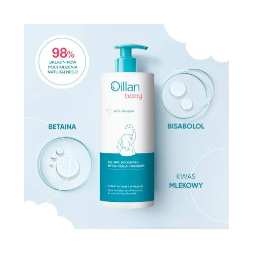 Oillan Baby Żel 3w1 do kąpieli, mycia ciała i włosów, 750 ml - Delikatnie myje i pielęgnuje wrażliwą skórę dziecka - 3