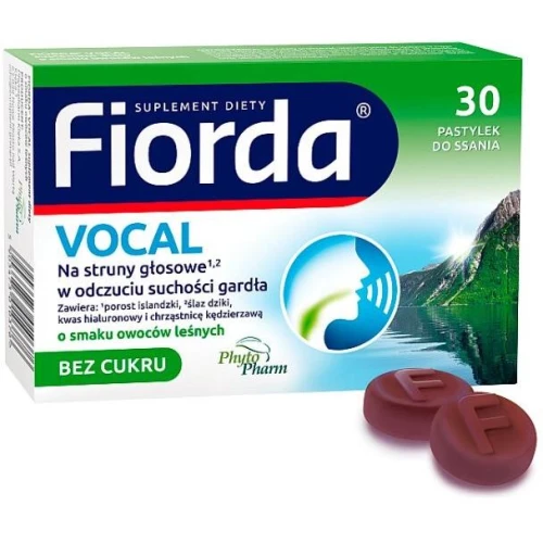 Fiorda Vocal o smaku owoców leśnych, 30 pastylek  - Zawiera w składzie porost islandzki, ślaz dziki, kwas hialuronowy oraz chrząstnicę kędzierzawą - 1