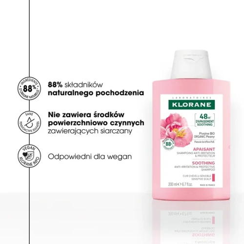 Klorane Piwonia, szampon przeciw podrażnieniom, 200 ml - Oczyszcza, chroni i łagodzi wrażliwą skórę głowy - 1