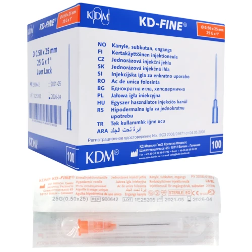 KDM Igła iniekcyjna 0,5 x 25 mm, 100 sztuk - Przeznaczone do jednorazowego użytku - 1