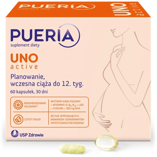 Pueria Uno Active, 60 kapsułek - Z aktywną formą kwasu foliowego i choliną dla kobiet  do 12. miesiąca ciąży - 1