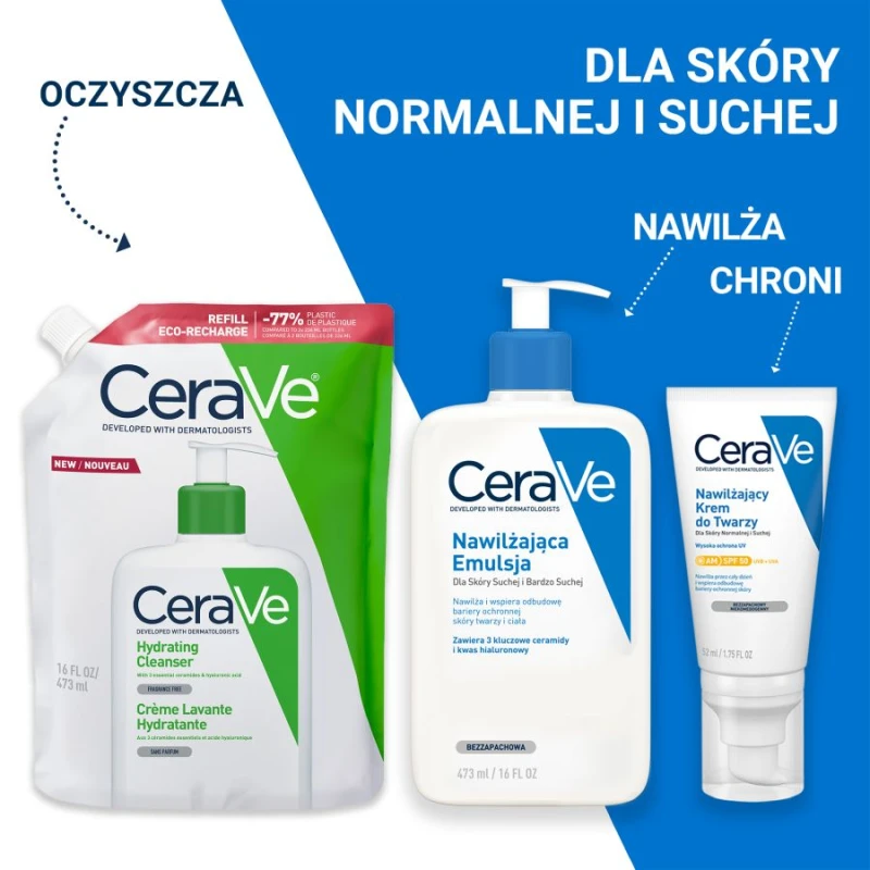CeraVe Nawilżająca emulsja do mycia, dla skóry normalnej i suchej - Refill, 473 ml - Zawiera ceramidy + kwas hialuronowy - 1