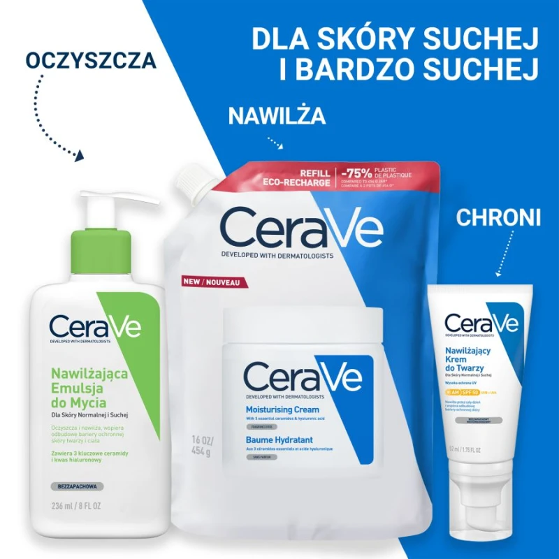 CeraVe Nawilżający balsam do twarzy i ciała, dla skóry suchej i bardzo suchej - Refill, 454 g - Niekomedogenny, bez substancji zapachowych - 1