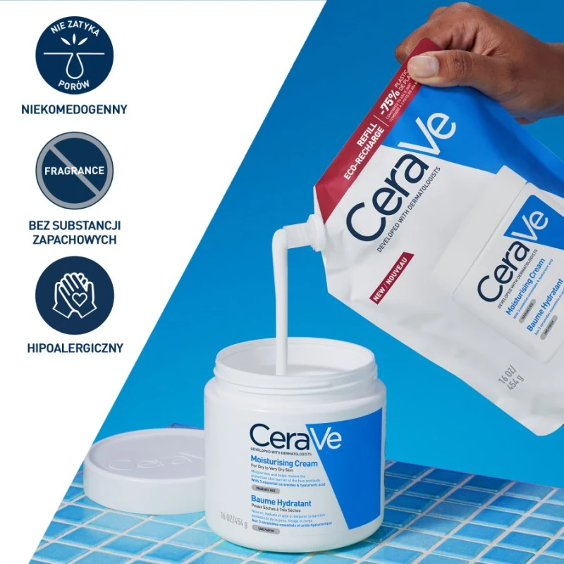 CeraVe Nawilżający balsam do twarzy i ciała, dla skóry suchej i bardzo suchej - Refill, 454 g - Niekomedogenny, bez substancji zapachowych - 4