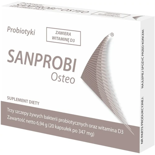 Sanprobi Osteo, 20 kapsułek - Kompozycja trzech szczepów bakterii probiotycznych z witaminą D3 - 3
