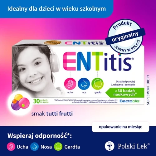 ENTitis  smak tutti frutti, 30 pastylek do ssania - Bakterie probiotyczne Streptococcus salivarius K12 i witamina D3 - 1