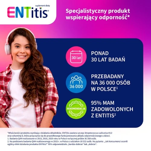ENTitis  smak tutti frutti, 30 pastylek do ssania - Bakterie probiotyczne Streptococcus salivarius K12 i witamina D3 - 2