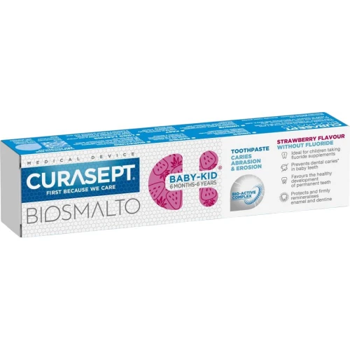 Curasept Biosmalto Baby-Kid, smak truskawkowy, pasta do zębów bez fluoru dla dzieci 6. miesięcy – 6 lat, 50 ml - Truskawkowa pasta bez fluoru dla dzieci od 6 miesięcy to 6 lat - 1