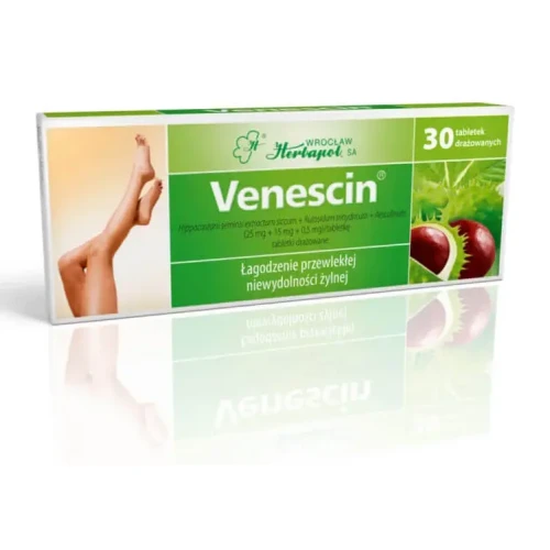 Venescin 25mg+15mg+500mcg, 30 tabletek - Na obrzęki, skurcze łydek oraz uczucie zmęczenia i ciężkości nóg - 1
