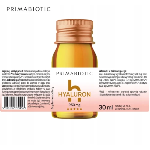 Primabiotic Hyaluron 250 mg,  30 buteleczek po 30 ml - Wegański shot z kwasem hialuronowym, witaminą C, biotyną, cynkiem i Q10 - 2